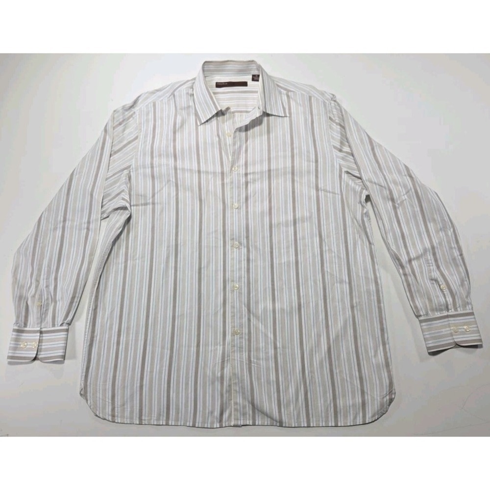 Perry Ellis Men's White W/ Blue & Stripes Long Sleeve Button Down Shirt Size XL
